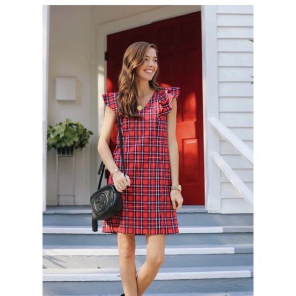 Draper James Dresses & Skirts - Draper James Size 8 Red Plaid Ruffle Shoulder Shift Dress V Neck Holiday Mini